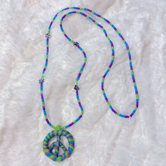 Peace Sign Hippie Beaded Necklace Hand Made - Picture 2 of 4